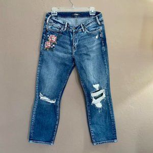 Silver Floral Embroidered Distressed Cropped Jeans